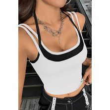 Kont Kadın Siyah Beyaz Çift Renk Çapraz Askılı Crop Top Bluz