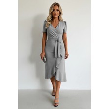 Kont Kadın Kumaş Kısa Kollu Kuşaklı Midi Elbise