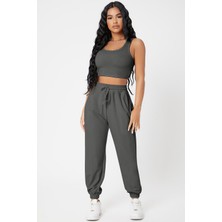 Kont Kadın Antrasit Gri Kaşkorse Cepli Jogger Eşofman Altı ve Crop Top Bluz