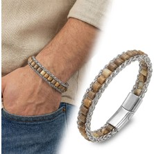 Moncuk Design Odun Jasper Doğal Taşlı Hasır Örgü Zincirli Erkek Çelik Bileklik 33512B28D3