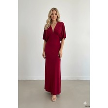 Kont Kadın Yarasa Kol Sandy Kumaş Uzun Yırtmaç Detay Elbise