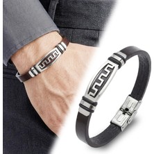 Moncuk Design Motifli Ayarlanabilir Kordonlu Erkek Deri ve Çelik Bileklik 33514B23DD4