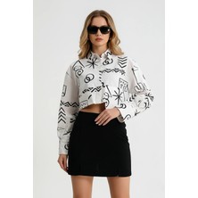 Kont Geometrik Baskılı Cep Detaylı Asimetrik Gömlek Çift Yırtmaçlı Mini Şort Etek Takım