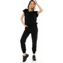 Kont Kapüşonlu Kısa Kol Sweat Cepli Bel Büzgülü Kapitone Eşofman Takım