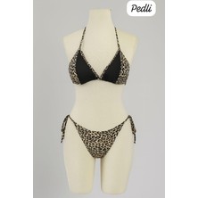 Kont Kadın Siyah ve Leopar Detaylı Yandan Bağlamalı Bikini Takımı