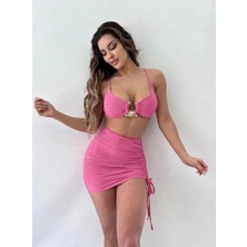 Pink Life Neon Pembe Toka Detaylı Crop ve Etekli Ikili Takım