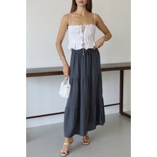 Alvera Müslin Kumaş Keten Uzun Etek Antrasit Pt