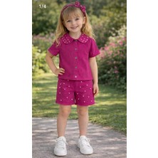 Pembe Inci Detaylı  Kız Çocuk Kot Şort ve Gömlek Takım