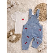 Aslin Store Kiraz Işlemeli Cep Detaylı Kısa Kollu Kız Bebek Salopetli 2 Li Takım