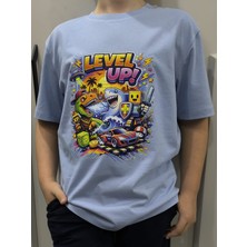 Pidal Giyim Oyun Temalı Level Up Baskılı Pamuklu Yumuşak Dokulu Kısa Kollu Erkek Çocuk Tişört