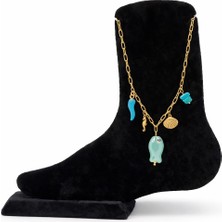 Pangu Deniz Temalı Turkuaz Taşlı Mineli ve Seramik Boncuklu Çelik Halhal