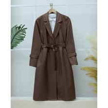 Moda Morfo Kemerli Yan Cepli Deri Trenckot -Kahve