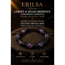 Erilsa Sertifikalı Çeroit Siyah Obsidyen Terahertz Bileklik - 8 mm Doğal Taş Unisex Ayarlanabilir