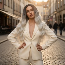 Pileli Store Fiber Sentetik Uzun Su Dalgası Peruk - Açık Siyah / Platin Ombreli