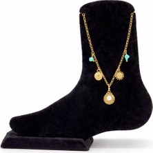 Pangu Inci ve Turkuaz Taş Detaylı Çelik Halhal