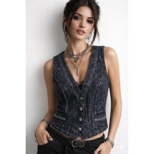 Jüji Bohem Stil Denim Antrasit Yıkama Vintage Kot Yelek