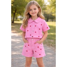 Pembe Nakışlı Kız Çocuk Kot Şort ve Gömlek Takım