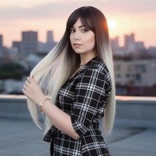 Pileli Store Fiber Sentetik Uzun Düz Kahküllü Peruk - Küllü Siyah / Platin Ombreli