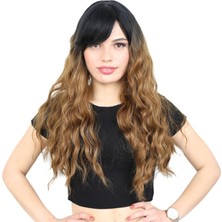 Pileli Store Perçemli Uzun Su Dalgası Fiber Sentetik Peruk- Siyah / Karamel Ombreli