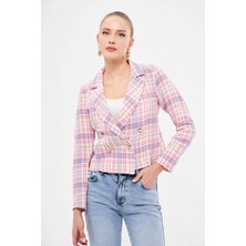 Armonika Kadın Açık Pembe Kruvaze Yaka Tüvit Crop Ceket ARM-24K001014