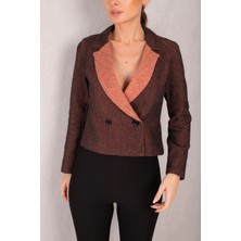 Armonika Kadın Turuncu Kruvaze Yaka Iki Renk Kaşe Crop Ceket ARM-24K001044