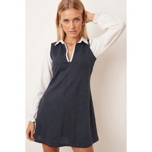 Armonika Kadın Koyu Mavi Gömlek Yaka Uzun Kollu Mini Elbise ARM-25K001050