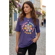 Armonika Kadın Mor Önü Çiçek Baskılı Yanları Yırtmaçlı Pamuklu T-Shirt ARM-26Y137003