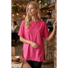Armonika Kadın Fuşya Yuvarlak Yaka Duble Kol Yanları Yırtmaçlı Pamuklu T-Shirt ARM-26Y137001