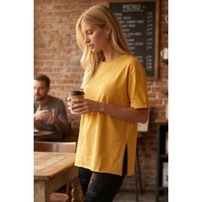 Armonika Kadın Sarı Yuvarlak Yaka Duble Kol Yanları Yırtmaçlı Pamuklu T-Shirt ARM-26Y137001