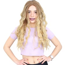 Pileli Store Su Dalgası Uzun Perçemsiz Fiber Sentetik Peruk - Kumral / Sarı Ombreli