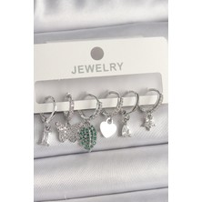 Pirinç Gümüş Renk Zirkon Taşlı Çoklu Figür Kadın Küpe Seti - Lisinya