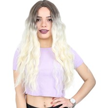 Pileli Store Su Dalgası Uzun Perçemsiz Fiber Sentetik Peruk - Küllü Açık Kahve / Platin Ombreli