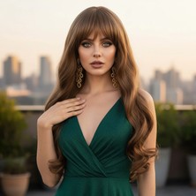 Pileli Store Kahküllü Uzun Dalgalı Fiber Sentetik Peruk - Kumral