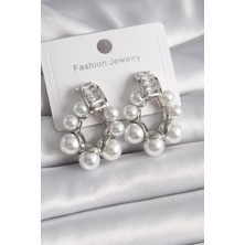 Pirinç Gümüş Renk Su Yolu Zirkon Taşlı Incili Halka Model Kadın Küpe - Lisinya