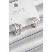 Pirinç Gümüş Renk 2'li Zirkon Taşlı Halka Model Kadın Küpe - Lisinya