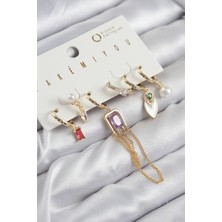 Pirinç Zirkon Taşlı Sallantılı ve Incili Gold Renk 6'lı Küpe Set - Lisinya