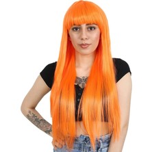 Pileli Store Uzun Kahküllü Fiber Sentetik Peruk - Turuncu