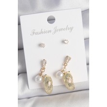 Pirinç Gold Renk Zirkon Taşlı Incili Sallantılı Işlemeli Damla Model 3 Çift Kadın Küpe Seti - Lisinya