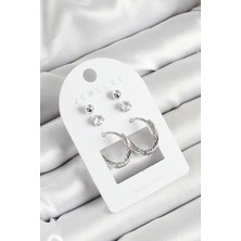 Pirinç Zirkon Taş ve Halka Figürlü Gümüş Renk 3'lü Çift Kadın Küpe Set - Lisinya