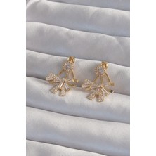 Pirinç Gold Renk Zirkon Taşlı Yassı Fiyonk Model Küpe - Lisinya