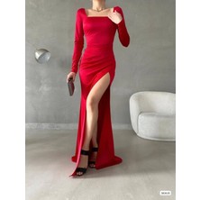 Moda Morfo Kare Yaka Derin Yırtmaçlı Saten Elbise -Kırmızı