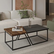 İnarch Dizayn Verona Ikili Orta Sehpa – Modern Tasarım Metal Ayaklı Sehpa Seti, Antik Ceviz/Antrasit