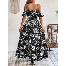 Gacha Kadın Ip Askılı Kısa Kollu Kruvaze Yakalı Yırtmaçlı Desenli Süprem Elbise