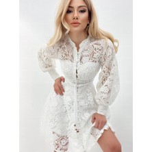 Trend Esinty Kadın Içi Astarlı Brit Düğmeli Mini Güpürlü Elbise