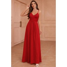 Gökyüzü Moda Kadın Ip Askılı Kruvaze Yakalı Yırtmaçlı Uzun Ithal Krep Elbise