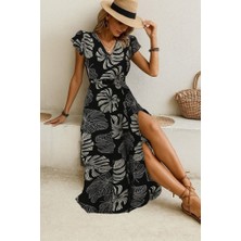 Bi Baksana Kadın Kısa Kollu V Yakalı Desenli Yandan Yırtmaçlı Süprem Elbise