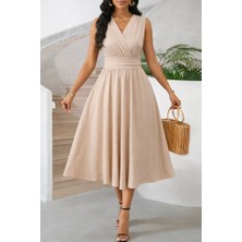 Sun & North Sun&north Kadın Askılı Kruvaze V Yakalı Beli Lastiklimidi Bürümcük Elbise