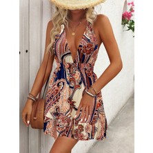 Sun & North Sun&north Kadın Askılı Derin Göğüs Dekolte Detaylı Arkadan Bağcıklı Desenli Süprem Kısa Elbise