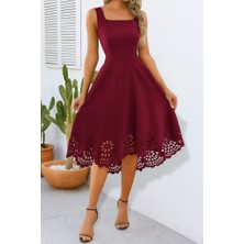 Gacha Kadın Askılı Geometrik Yaka Çiçek Lazer Kesim Ithal Krep Elbise