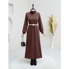 Moda Morfo Boğazlı Fitilli Elbise -Kahve